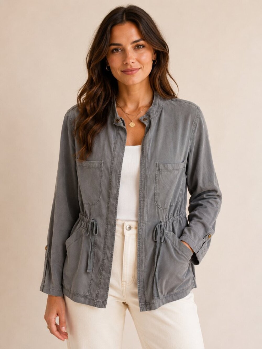 Sanctuary Gray Lyocell Utility Jacket Minimalist Quiet Luxury Safari Style Size
